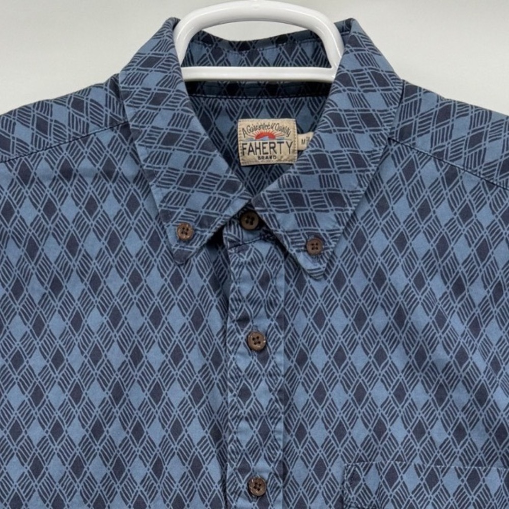 Faherty Brand Mens Blue Geometric Diamond Print Organic Cotton SS Shirt Size M